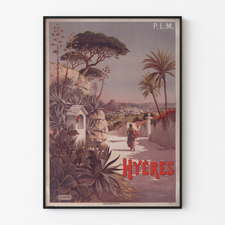 Vintage-Poster P. L. M. Hyères, in einem schmalen Rahmen an heller Wand präsentiert.