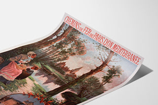 Vintage-Plakat «Paray-le-Monial, train», auf einer gebogenen Papierseite dargestellt, perspektivische Ansicht.