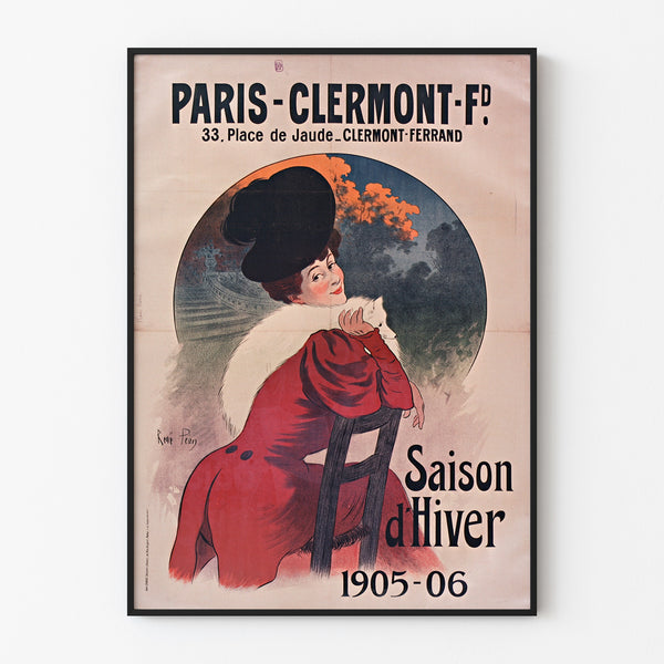 Vintage Paris–Clermont winter season poster, shown in a slim frame on a light wall.
