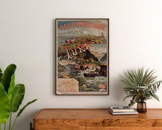 Vintage Paris Lyon Méditerranée, Jura poster framed above a wooden dresser between plants.