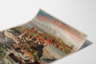 Vintage Paris Lyon Méditerranée, Jura poster displayed on a curled sheet, shown in perspective.