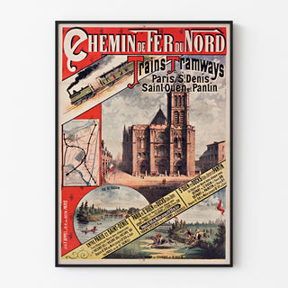 Manifesto vintage Paris, Saint-Denis, treni e tram, inserito in una cornice sottile su una parete chiara.