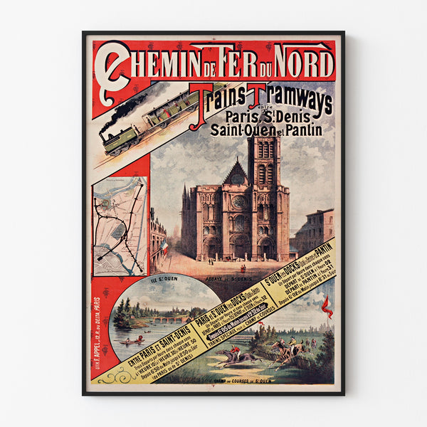 Vintage poster Paris, Saint-Denis, trains and trams, shown in a slim frame on a light wall.