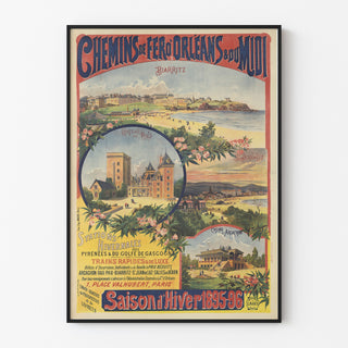 Manifesto d’epoca Pyrénées et Gascogne, stagione invernale, presentato in una cornice sottile su una parete chiara.