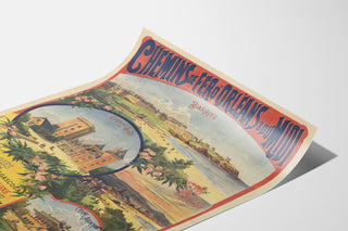 Manifesto vintage Pirenei e Guascogna, stagione invernale, mostrato su una pagina curva, vista prospettica.