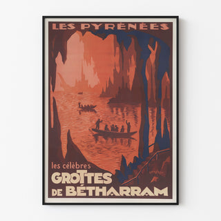 Vintage Pyrénées — Grottes de Bétharram poster, shown in a thin frame on a pale wall.
