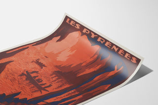 Vintage Pyrénées — Grottes de Bétharram poster, presented on a curled sheet, seen in perspective.