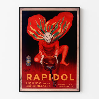 Vintage-Poster Rapidol, in einem schmalen Rahmen an einer hellen Wand präsentiert.