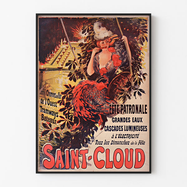 Vintage poster Saint-Cloud, patronal festival, shown in a slim frame on a light wall.