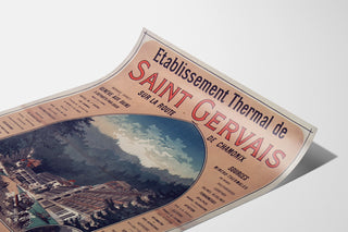 Vintage-Poster Saint-Gervais, Kurort, auf einer leicht gewölbten Seite präsentiert, perspektivische Ansicht.