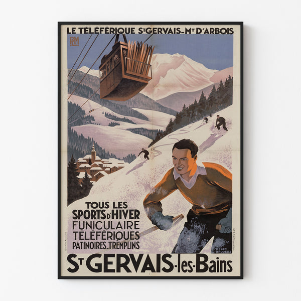 Vintage Saint-Gervais, Mont-d’Arbois poster, displayed in a thin frame on a light wall.