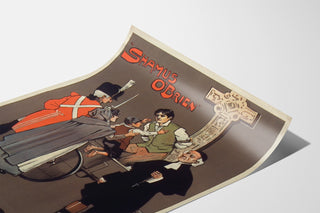 Manifesto vintage Shamus O’Brien, Opera Comique, presentato su una pagina curva, visto in prospettiva.