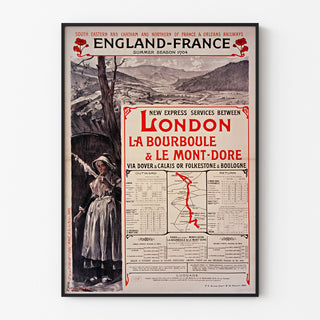 Manifesto d’epoca South Eastern, England-France, presentato in una cornice sottile su una parete chiara.