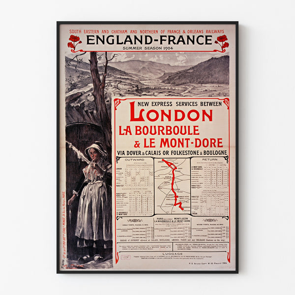 Vintage South Eastern England–France poster, shown in a slim frame on a light wall.