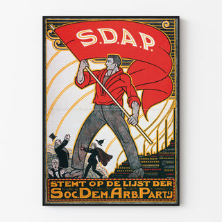 Vintage Stemt SDAP election poster, shown in a thin frame on a light wall.