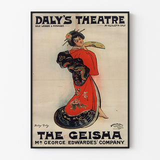 Vintage poster The Geisha, Daly’s Theatre, displayed in a slim frame on a light wall.