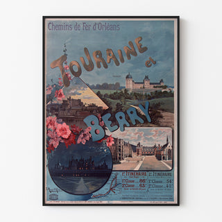 Manifesto vintage Touraine e Berry, castelli, presentato in una cornice sottile su una parete chiara.