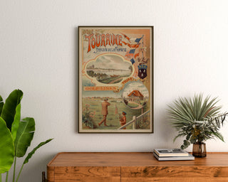 Vintage-Poster Touraine, Garten Frankreichs, gerahmt über einer Holzkommode, zwischen Pflanzen.