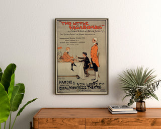 Vintage poster Two Little Vagabonds, framed above a wooden dresser, flanked by plants.