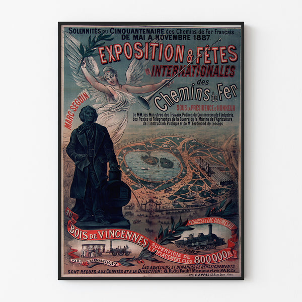 Vintage poster Vincennes, railway fiftieth anniversary, shown in a slim frame on a light wall.
