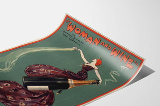 Vintage-Plakat Woman and Wine, Princess’s Theatre, auf einem gebogenen Blatt präsentiert, perspektivische Ansicht.