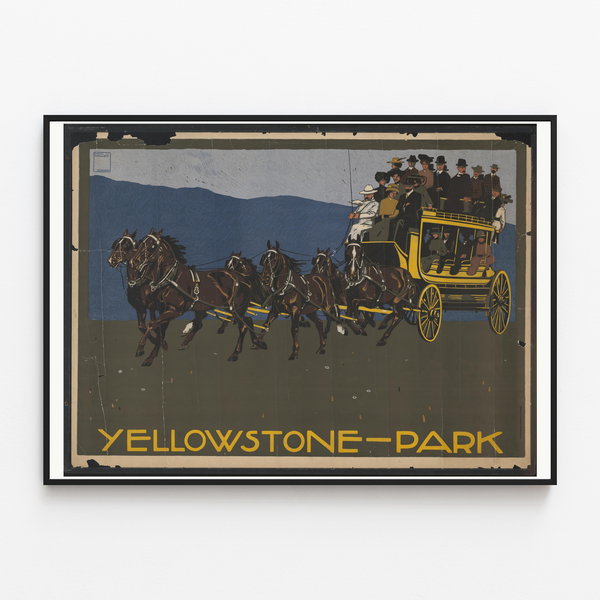 Yellowstone Park poster, shown in a slim frame on a light wall.