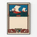 Decorative poster of red Viking ships on a blue background