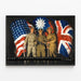 Vintage poster of American, Chinese, and British soldiers with flags — framed artwork on a wall