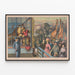 Vintage poster of a circus scene with lions and exotic animals — framed artwork on a wall