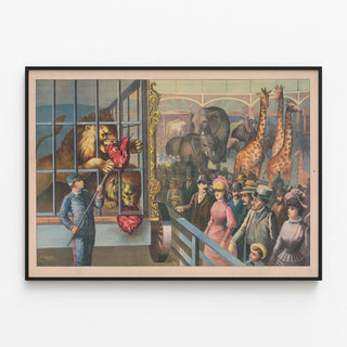 an-animal-keeper-feeding-raw-meat-to-lions-in-a-circus-cage-as-spectators-watch