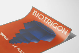 Poster vintage Biotrigon - Illustrazione geometrica blu su sfondo arancione