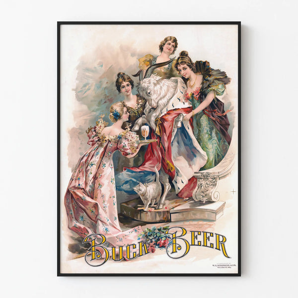 bock-beer-a-goat-wearing-a-royal-robe-being-waited-on-by-four-young-women