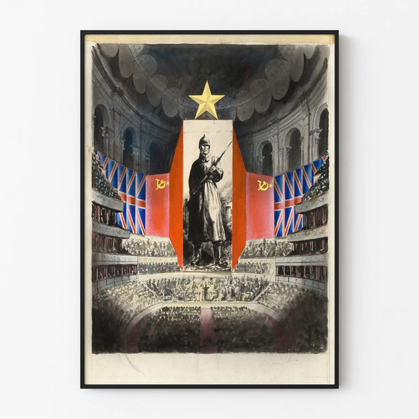 concert-hall-and-orchestra-against-picture-of-russian-infantryman