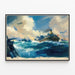 Marine poster of a naval convoy scene with flying airplanes — framed artwork on a wall