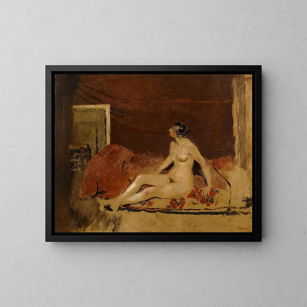 Akt auf einer Decke mit rotem Blumenmuster - Édouard Vuillard — gerahmtes Bild an der Wand