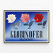 Vintage-Poster „Annemies Globinofer Roche“ mit 3 bunten Rosen — gerahmtes Bild an der Wand
