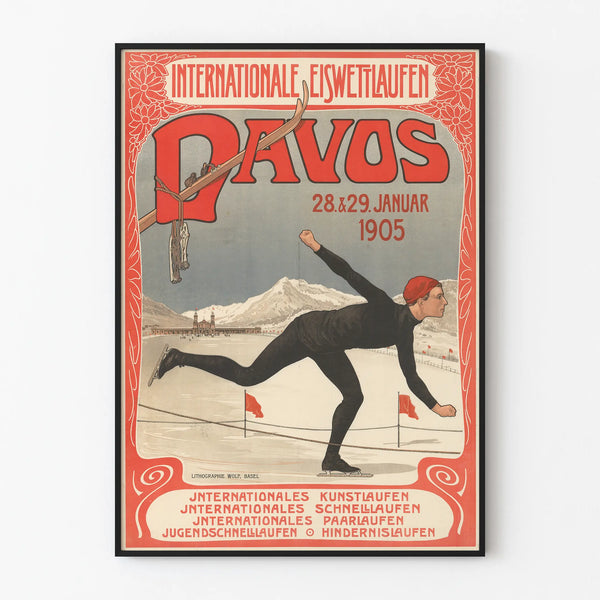 Poster vintage di pattinaggio artistico internazionale Davos 1905