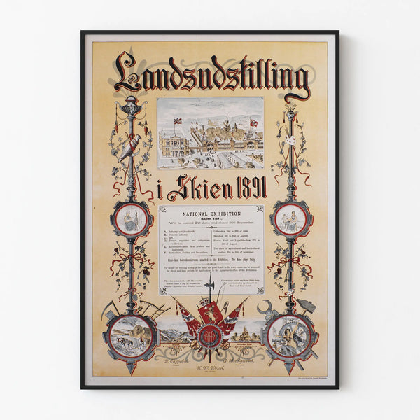 Poster vintage Esposizione Landzudstilling a Skien 1891 per decorazione murale