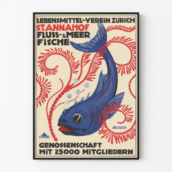 Poster vintage con pesce blu e alghe rosse, decorazione da parete