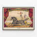 Vintage circus poster with performer and horse on stage — framed artwork on a wall