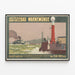 Vintage poster of Ostseebad Warnemünde with lighthouse and rough sea — framed artwork on a wall