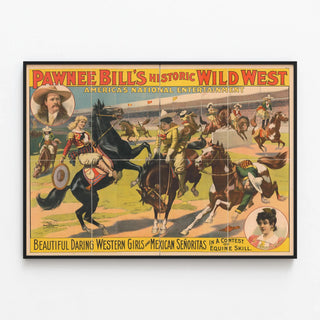 Vintage-Poster Wild West Pawnee Bill - Westernmädchen und Señoritas zu Pferd — gerahmtes Bild an der Wand