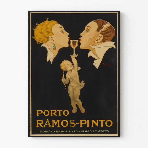 Poster vintage Porto Ramos-Pinto con Cupido e ritratti eleganti