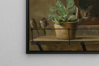 Stillleben mit einer Primel in einem Blumenkrug, eine Katze und zwei Spatzen - Martinus Rørbye